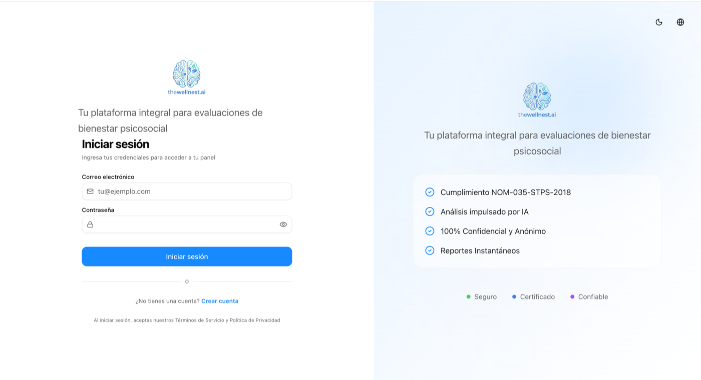 Pantalla de inicio de sesion de The Wellnest para evaluaciones de bienestar psicosocial